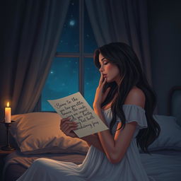 A romantic scene depicting a woman in a dimly lit room at night, gently kissing a love letter she holds close to her heart