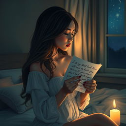 A romantic scene depicting a woman in a dimly lit room at night, gently kissing a love letter she holds close to her heart