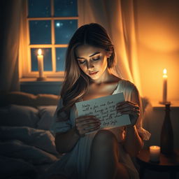 A romantic scene depicting a woman in a dimly lit room at night, gently kissing a love letter she holds close to her heart