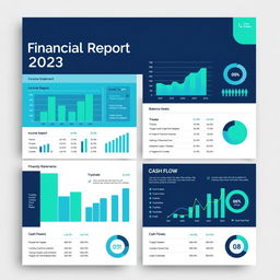 A sleek and modern financial report layout, showcasing vibrant graphs, charts, and infographics