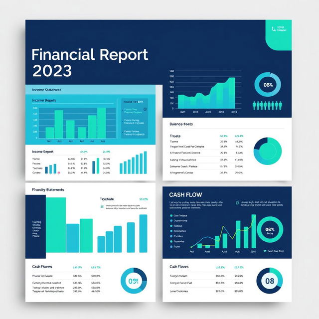 A sleek and modern financial report layout, showcasing vibrant graphs, charts, and infographics