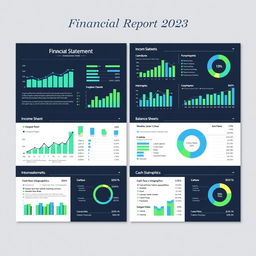 A sleek and modern financial report layout, showcasing vibrant graphs, charts, and infographics