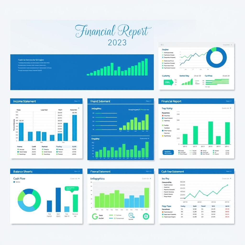 A sleek and modern financial report layout, showcasing vibrant graphs, charts, and infographics