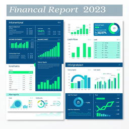 A sleek and modern financial report layout, showcasing vibrant graphs, charts, and infographics