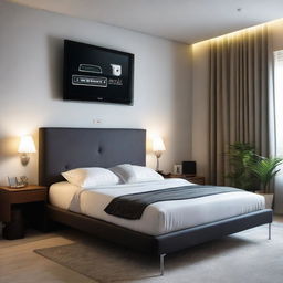 Modern bedroom with a sophisticated music system, a large framed personal photo, dancing LED lights, a 32 inch television set embedded in the wall, a centrally positioned bed, and a computer table.