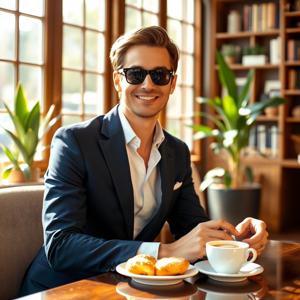 A stylish person wearing a tailored navy blue suit, sitting at a cozy coffee shop