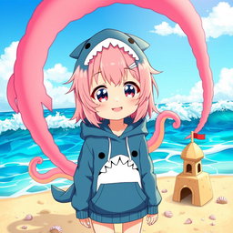 A cute anime girl with pink hair wearing an adorable shark hoodie, standing on a sunny beach with vibrant blue waves crashing in the background