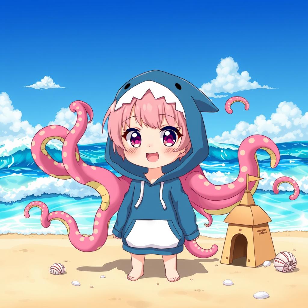A cute anime girl with pink hair wearing an adorable shark hoodie, standing on a sunny beach with vibrant blue waves crashing in the background