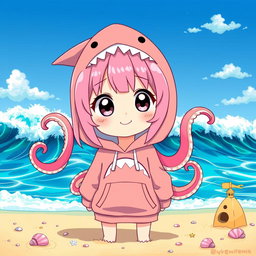 A cute anime girl with pink hair wearing an adorable shark hoodie, standing on a sunny beach with vibrant blue waves crashing in the background