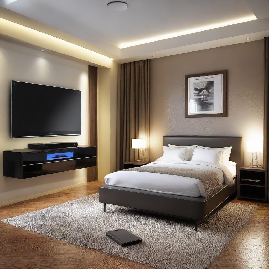 Modern bedroom with a sophisticated music system, a large framed personal photo, dancing LED lights, a 32 inch television set embedded in the wall, a centrally positioned bed, and a computer table.