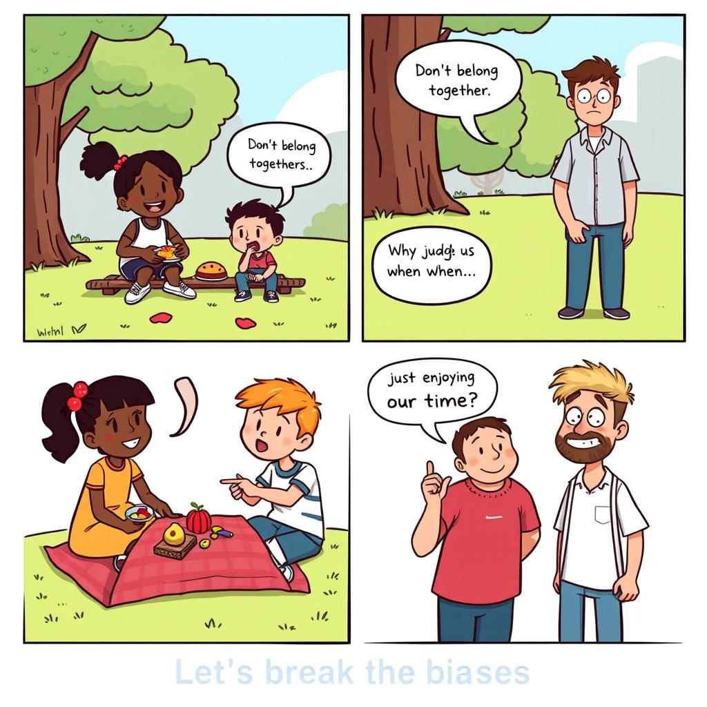 A four-panel comic strip illustrating a scenario about prejudice and biases