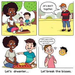 A four-panel comic strip illustrating a scenario about prejudice and biases