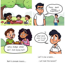 A four-panel comic strip illustrating a scenario about prejudice and biases