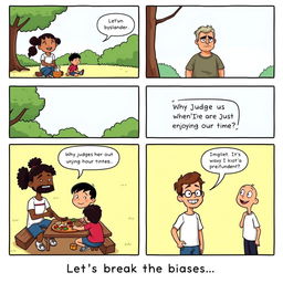 A four-panel comic strip illustrating a scenario about prejudice and biases