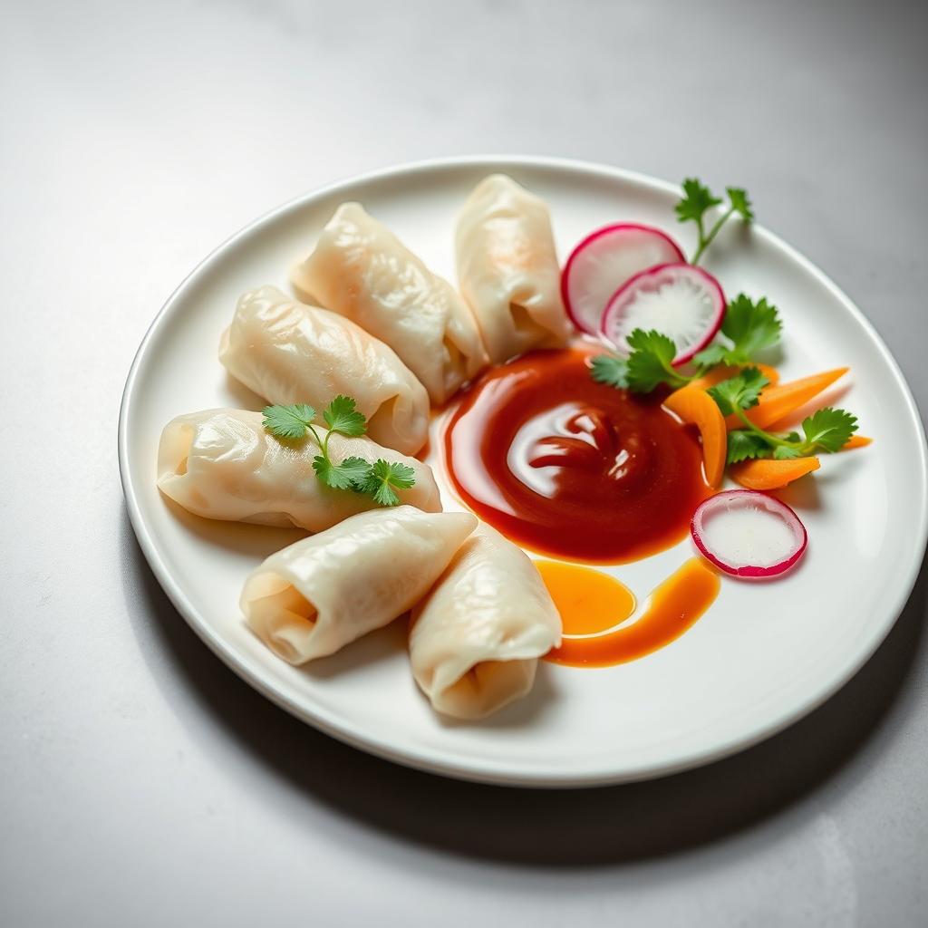 A beautifully plated dish of Filipino lumpia, styled in a Michelin star presentation