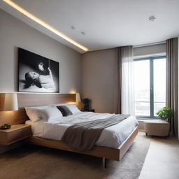 Modern bedroom with a sophisticated music system, a large framed personal photo, dancing LED lights, a 32 inch television set embedded in the wall, a centrally positioned bed, and a computer table.