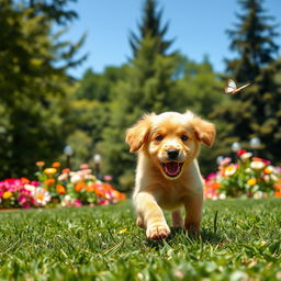 A playful golden retriever puppy joyfully running through a lush green park on a sunny day