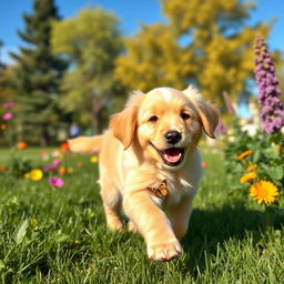A playful golden retriever puppy joyfully running through a lush green park on a sunny day