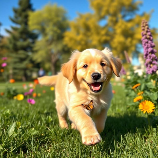 A playful golden retriever puppy joyfully running through a lush green park on a sunny day