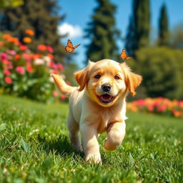 A playful golden retriever puppy joyfully running through a lush green park on a sunny day