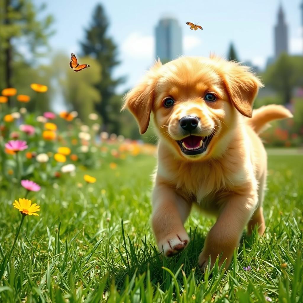 A playful golden retriever puppy joyfully running through a lush green park on a sunny day