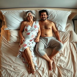 A full-length image of a curvy 50-year-old woman, often referred to as a 'MILF', wearing a revealing white floral saree that elegantly drapes over her figure