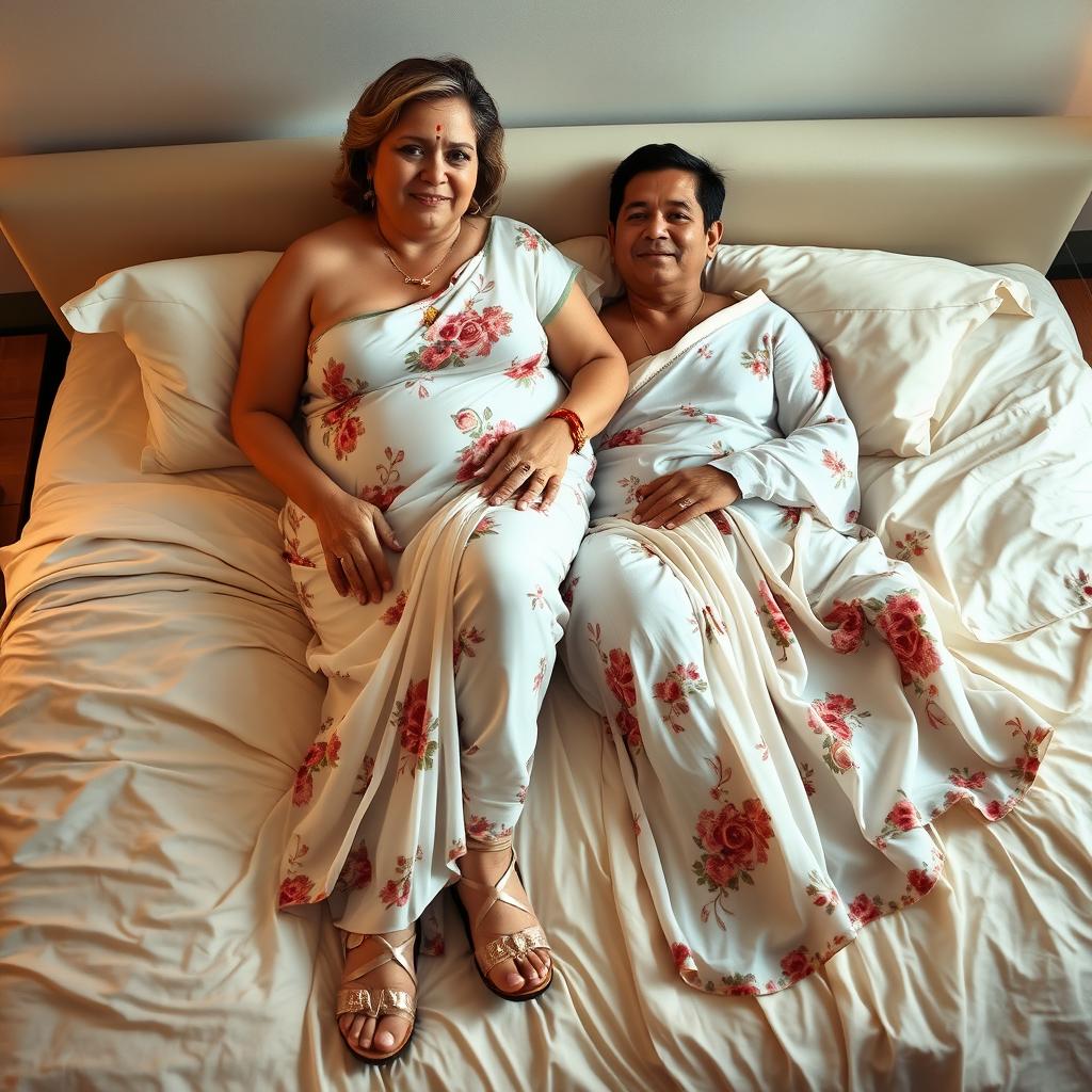A full-length image of a curvy 50-year-old woman, often referred to as a 'MILF', wearing a revealing white floral saree that elegantly drapes over her figure