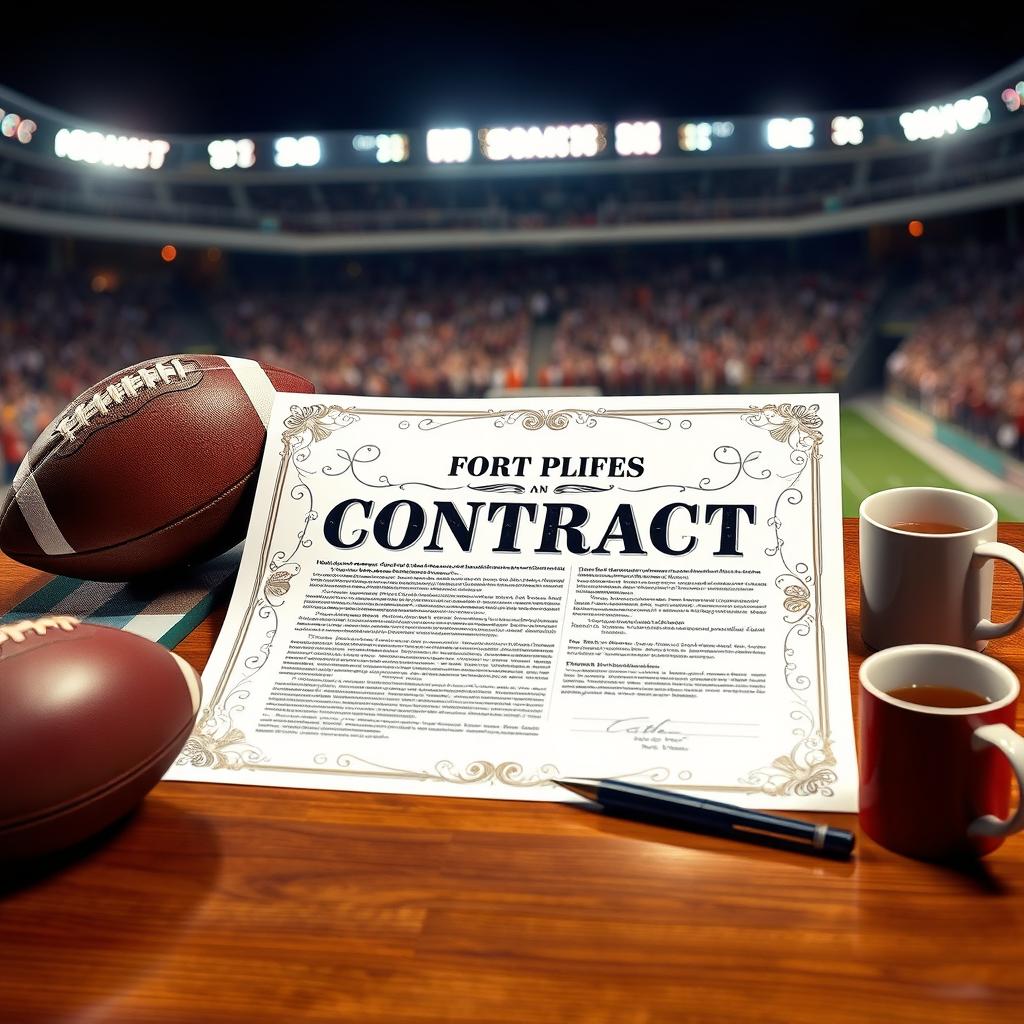 A stylish football player contract document laid out on a wooden table, featuring elaborate designs and the player's name in bold letters