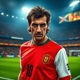 A striking portrait of Luis Figo, the renowned Portuguese football legend, showcasing him in his iconic football kit