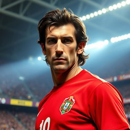 A striking portrait of Luis Figo, the renowned Portuguese football legend, showcasing him in his iconic football kit