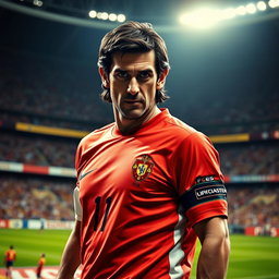 A striking portrait of Luis Figo, the renowned Portuguese football legend, showcasing him in his iconic football kit
