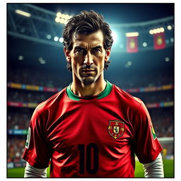 A striking portrait of Luis Figo, the renowned Portuguese football legend, showcasing him in his iconic football kit