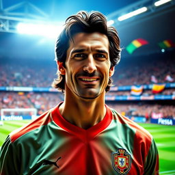 A striking portrait of Luis Figo, the renowned Portuguese football legend, showcasing him in his iconic football outfit, displaying a confident smile