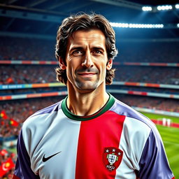 A striking portrait of Luis Figo, the renowned Portuguese football legend, showcasing him in his iconic football outfit, displaying a confident smile
