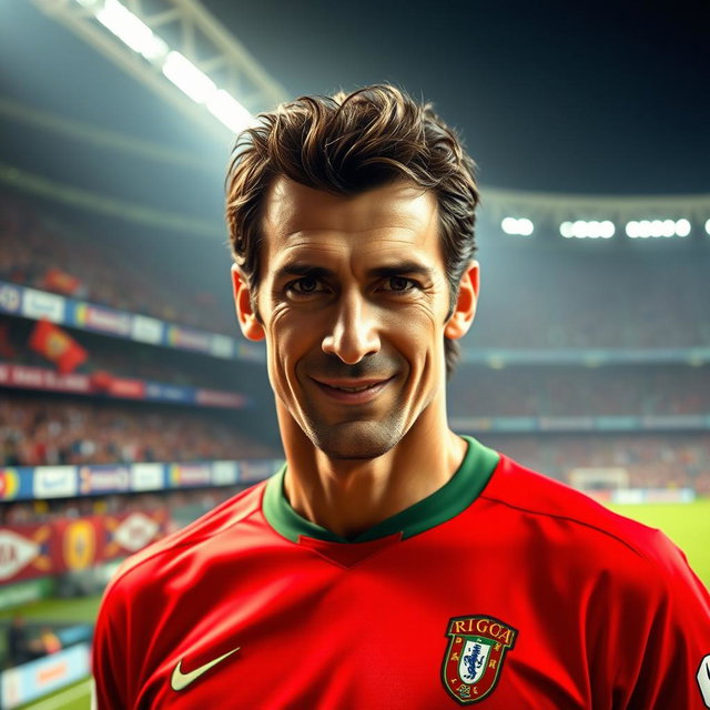 A striking portrait of Luis Figo, the renowned Portuguese football legend, showcasing him in his iconic football outfit, displaying a confident smile