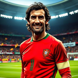 A striking portrait of Luis Figo, the renowned Portuguese football legend, showcasing him in his iconic football outfit, displaying a confident smile