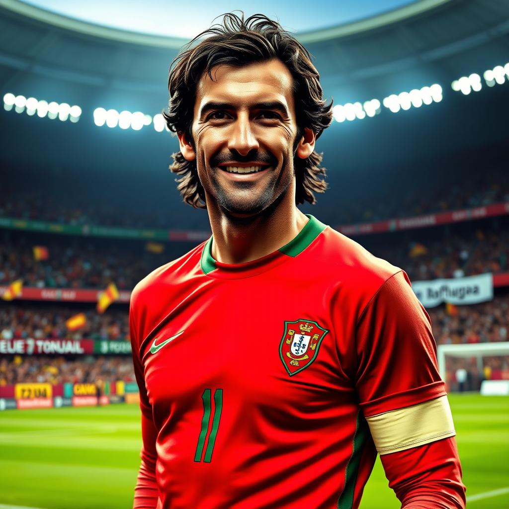 A striking portrait of Luis Figo, the renowned Portuguese football legend, showcasing him in his iconic football outfit, displaying a confident smile
