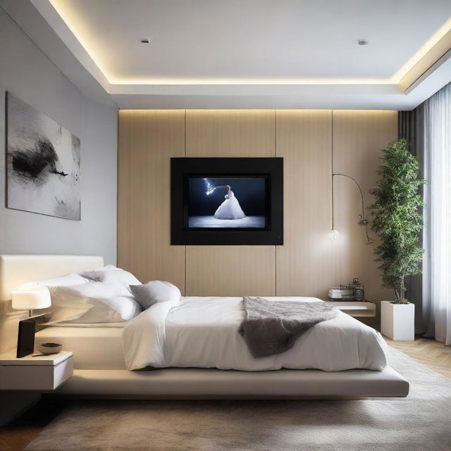 Modern bedroom with a sophisticated music system, a large framed personal photo, dancing LED lights, a 32 inch television set embedded in the wall, a centrally positioned bed, and a computer table.