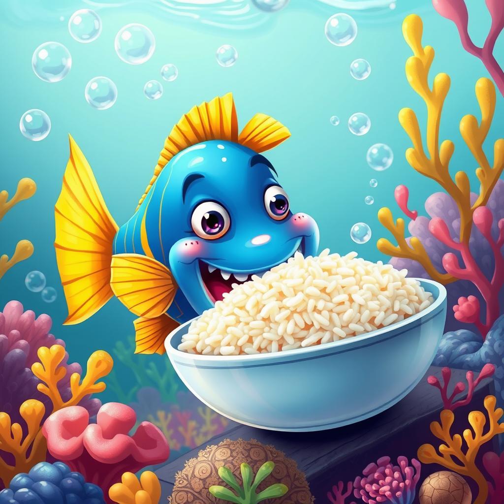 A whimsical scene of a fish eating rice with a fish dish, vibrant and colorful underwater setting, the fish is happily munching on the rice, surrounded by coral reefs and colorful aquatic plants, bubbles rising around, playful atmosphere