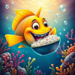 A whimsical scene of a fish eating rice with a fish dish, vibrant and colorful underwater setting, the fish is happily munching on the rice, surrounded by coral reefs and colorful aquatic plants, bubbles rising around, playful atmosphere