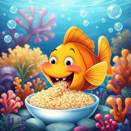 A whimsical scene of a fish eating rice with a fish dish, vibrant and colorful underwater setting, the fish is happily munching on the rice, surrounded by coral reefs and colorful aquatic plants, bubbles rising around, playful atmosphere