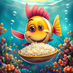 A whimsical scene of a fish eating rice with a fish dish, vibrant and colorful underwater setting, the fish is happily munching on the rice, surrounded by coral reefs and colorful aquatic plants, bubbles rising around, playful atmosphere