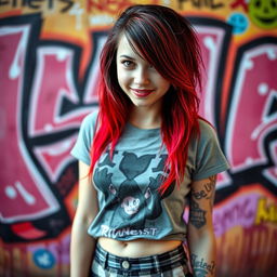 A stunning portrait of a young woman with vibrant red and black hair, reminiscent of Avril Lavigne's iconic early 2000s style