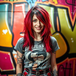 A stunning portrait of a young woman with vibrant red and black hair, reminiscent of Avril Lavigne's iconic early 2000s style