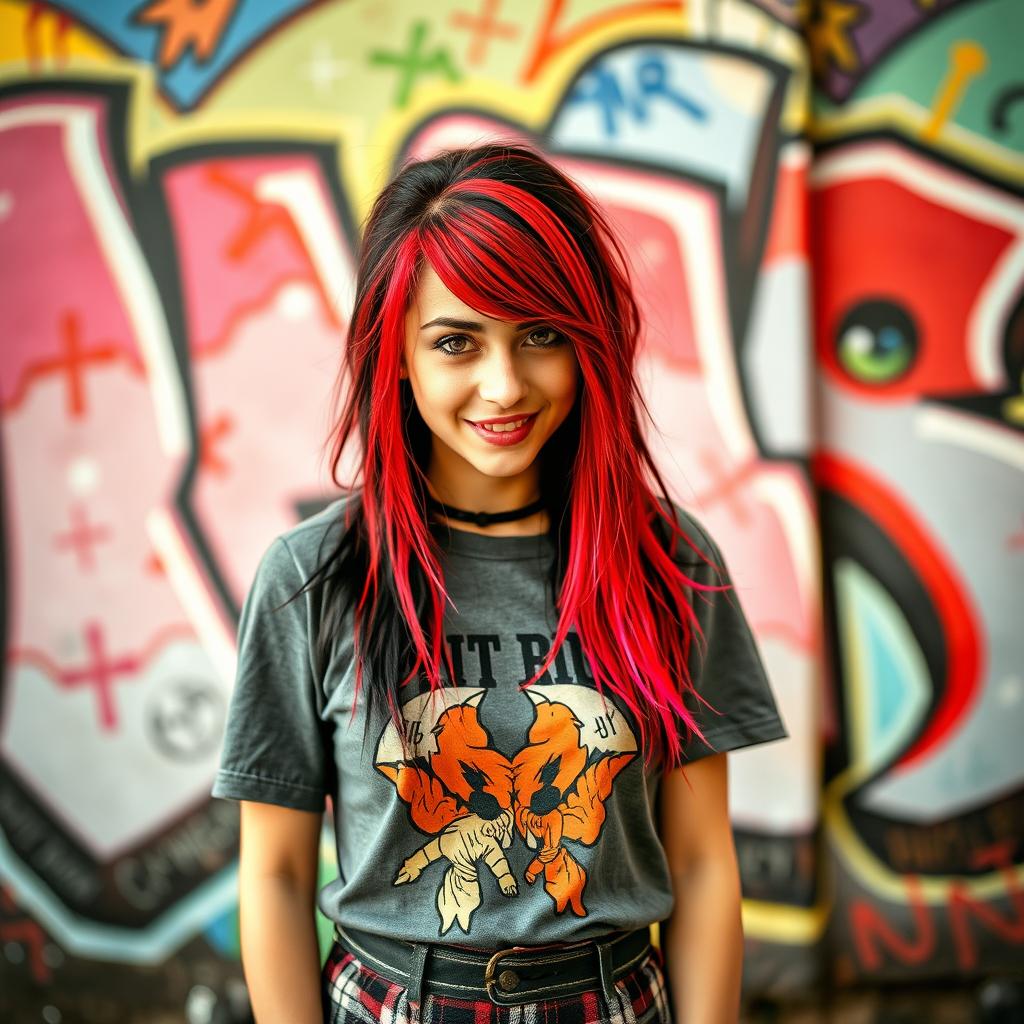 A stunning portrait of a young woman with vibrant red and black hair, reminiscent of Avril Lavigne's iconic early 2000s style