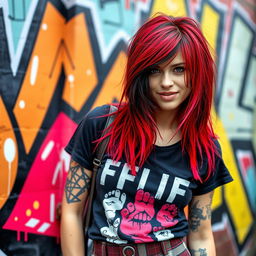 A stunning portrait of a young woman with vibrant red and black hair, reminiscent of Avril Lavigne's iconic early 2000s style