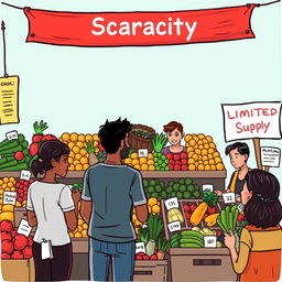 An engaging illustration depicting the concept of economics and scarcity