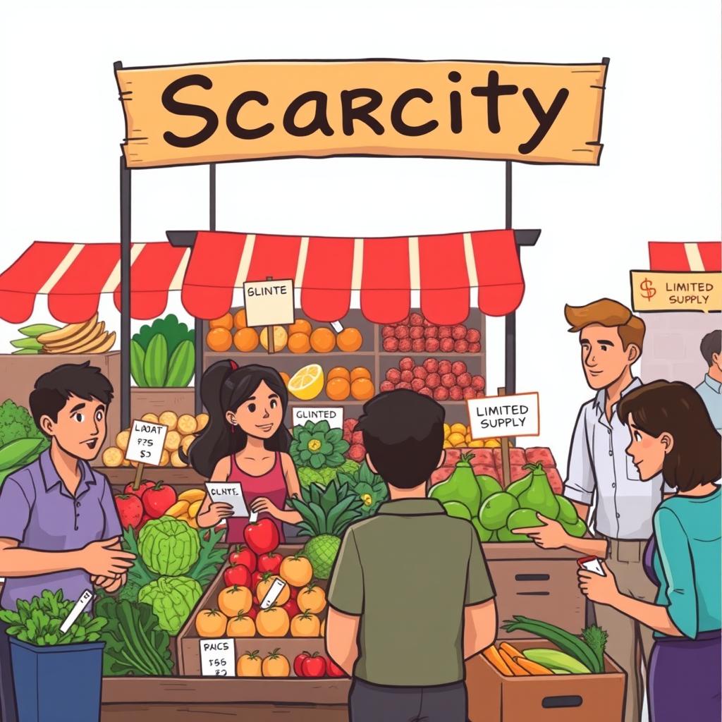 An engaging illustration depicting the concept of economics and scarcity