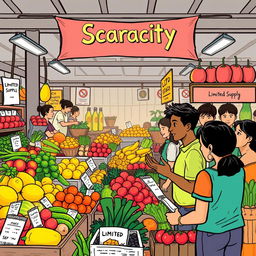 An engaging illustration depicting the concept of economics and scarcity
