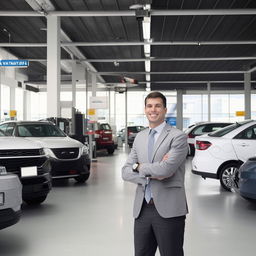 A man standing amidst a variety of vehicles in a car rental company's lot, with a professional attire and a welcoming smile.